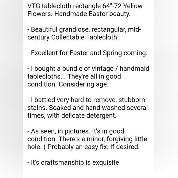 Rectangular mid-century Collectable Tablecloth. Hand made, yellow flowers - Picture 10 of 11